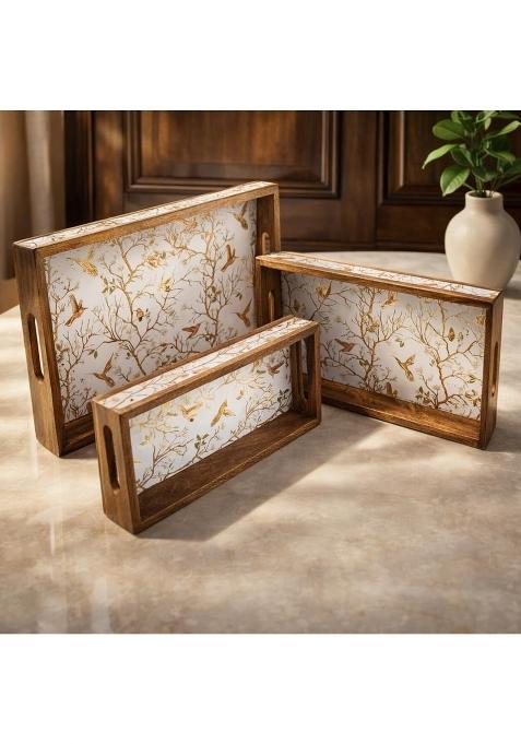 Amimashop Wooden Serving Tray with Gold Engraving Rectangular Designer Tray Set Set of 3