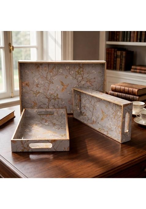 Amimashop Wooden Serving Tray with Handles Grey and Gold Floral Decorative Wooden Trays Set of 3