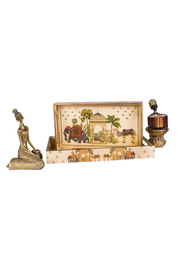 Dreams N Decor Wooden Serving Tray with Gold Engraving Size 16 X 10 Inch 14 X 8 Inch and 12 X 6 Inch Set of 3 - Indya