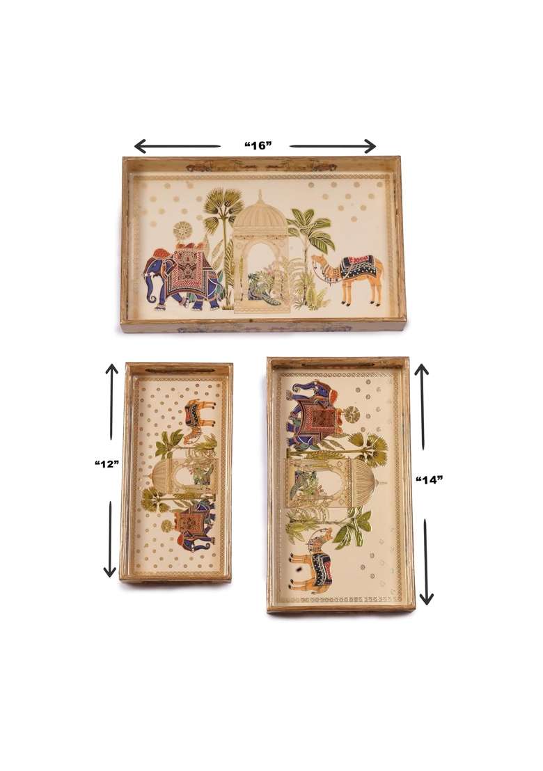 Dreams N Decor Wooden Serving Tray with Gold Engraving Size 16 X 10 Inch 14 X 8 Inch and 12 X 6 Inch Set of 3 - Indya