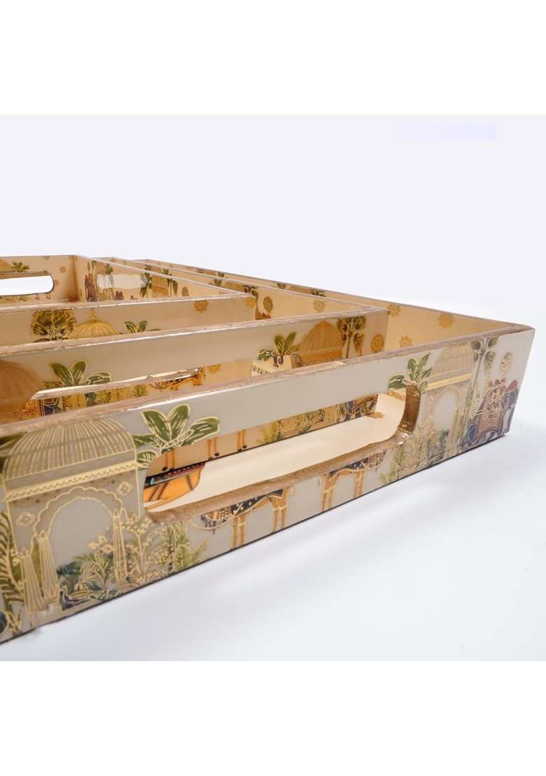 Dreams N Decor Wooden Serving Tray with Gold Engraving Size 16 X 10 Inch 14 X 8 Inch and 12 X 6 Inch Set of 3 - Indya