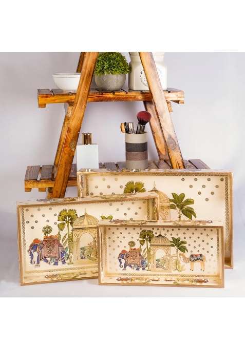Dreams N Decor Wooden Serving Tray with Gold Engraving Size 16 X 10 Inch 14 X 8 Inch and 12 X 6 Inch Set of 3
