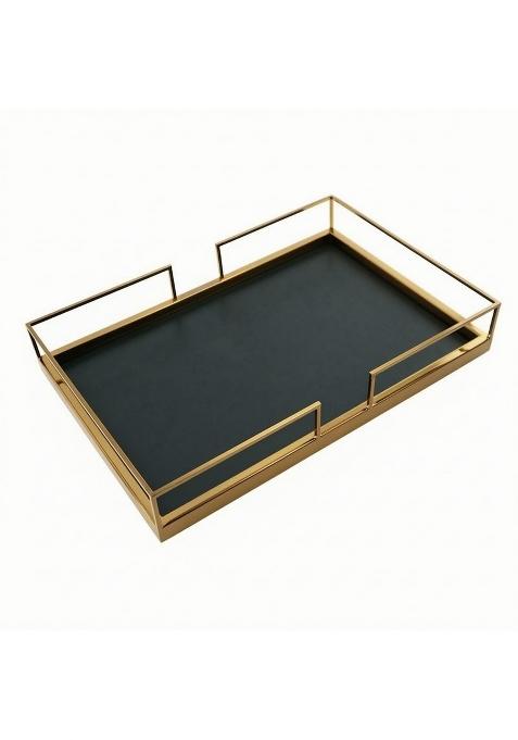 Clovrix Portable Metal Tray with Leather Elegant Rectangular Tray with Sides Low Silhouette Decorative