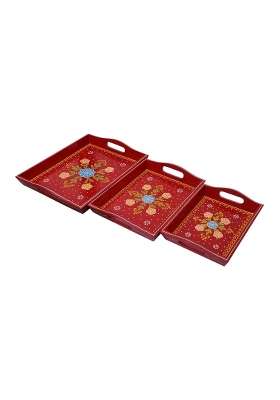 Crafted Wonders Wooden Tray Serving Brass Tray Handcrafted for Table Decor Set of 3
