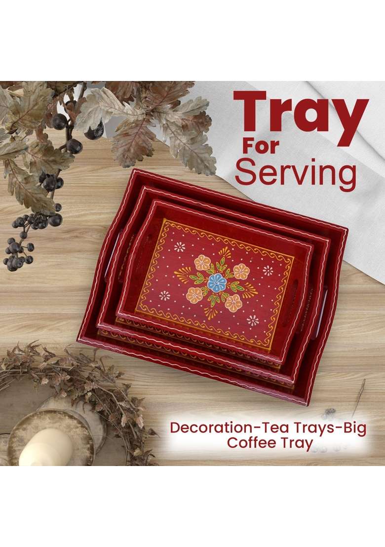 Crafted Wonders Wooden Tray Serving Brass Tray Handcrafted for Table Decor Set of 3 - Indya