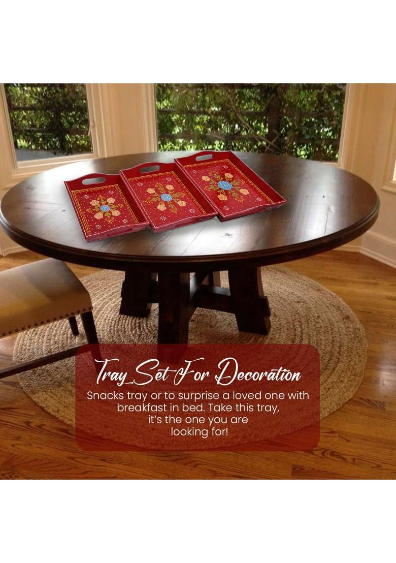 Crafted Wonders Wooden Tray Serving Brass Tray Handcrafted for Table Decor Set of 3 - Indya