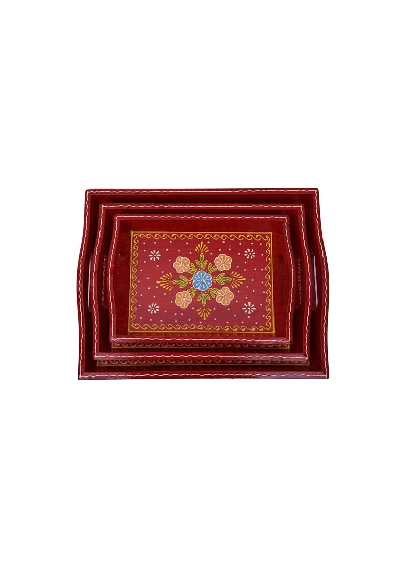 Crafted Wonders Wooden Tray Serving Brass Tray Handcrafted for Table Decor Set of 3 - Indya