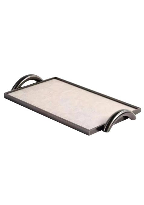 Clovrix Textured Leather Tray with Handles Slimline Rectangular Tray with Metal Handles Minimalist Modern