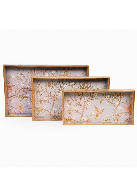 Amimashop Wooden Serving Tray with Handles Grey and Gold Floral Designer Tray Set Set of 3
