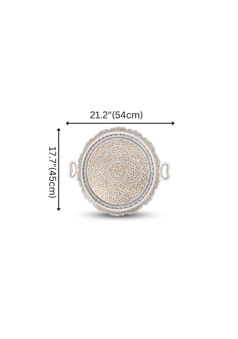 Natriel Kashmiri Papier Mache Round Tray with Floral Design Gold and Silver 21 Point 2x17 Point 7 Inches - Indya