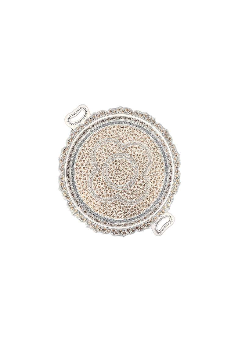 Natriel Kashmiri Papier Mache Round Tray with Floral Design Gold and Silver 21 Point 2x17 Point 7 Inches - Indya