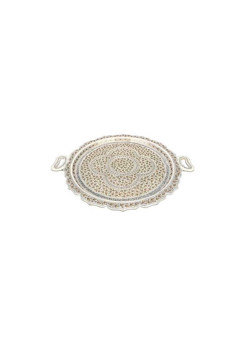 Natriel Kashmiri Papier Mache Round Tray with Floral Design Gold and Silver 21 Point 2x17 Point 7 Inches - Indya