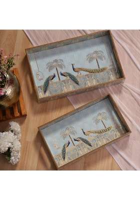 Homeshastra Wooden Serving Tray with Gold Engraving Size 16 X 10 Inch and 14 X 8 Inch Set of 2