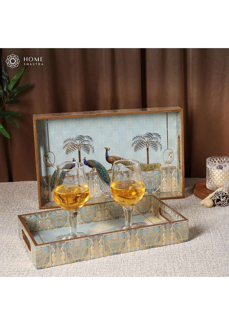 Homeshastra Wooden Serving Tray with Gold Engraving Size 16 X 10 Inch and 14 X 8 Inch Set of 2 - Indya