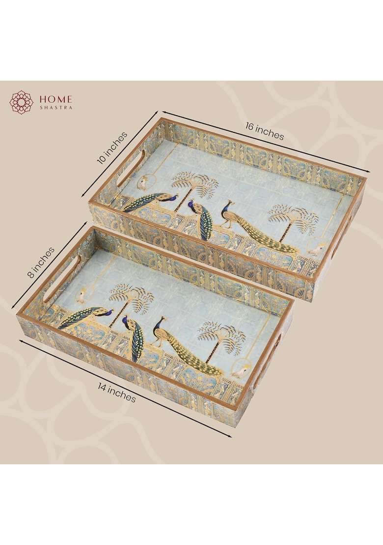 Homeshastra Wooden Serving Tray with Gold Engraving Size 16 X 10 Inch and 14 X 8 Inch Set of 2 - Indya