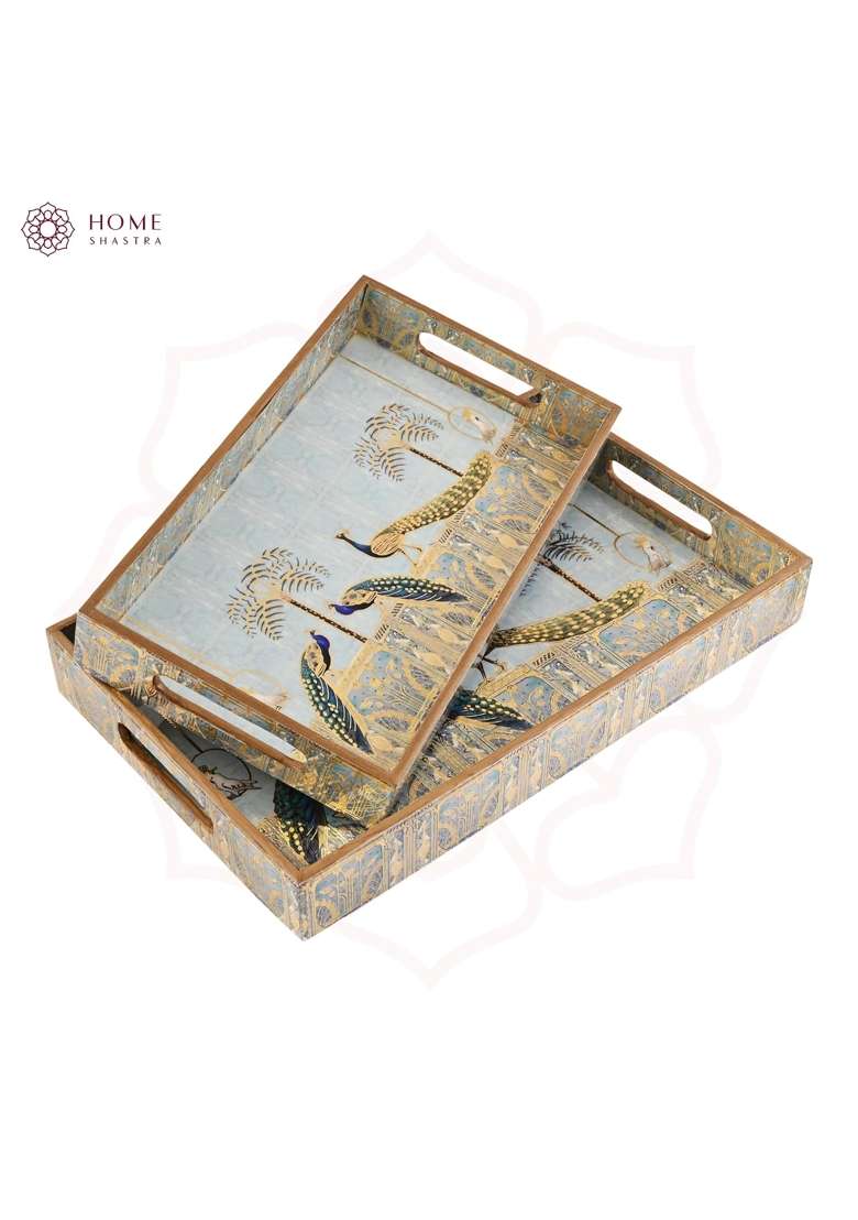Homeshastra Wooden Serving Tray with Gold Engraving Size 16 X 10 Inch and 14 X 8 Inch Set of 2 - Indya