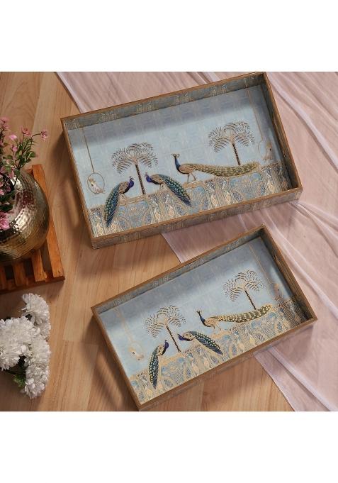 Homeshastra Wooden Serving Tray with Gold Engraving Size 16 X 10 Inch and 14 X 8 Inch Set of 2