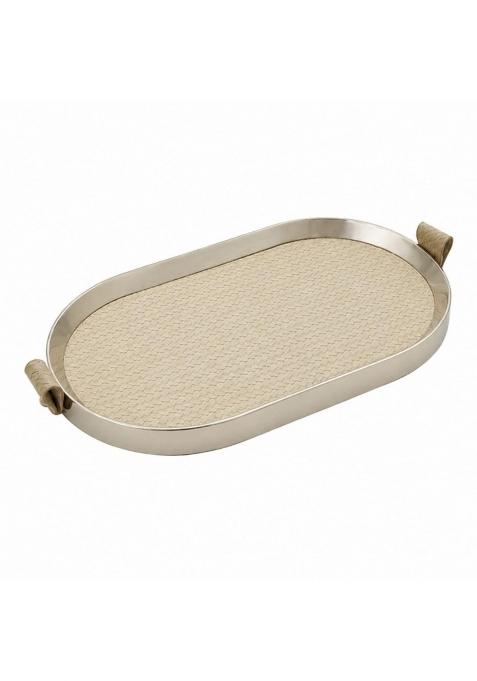 Secret Desire Versatile Oval Decorative Storage Tray Woven Texture Stainless Steel and Leather Tray Elegant