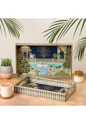 Homeshastra Swan Wooden Serving Tray with Gold Engraving Size 16 X 10 Inch and 14 X 8 Inch Set of 2