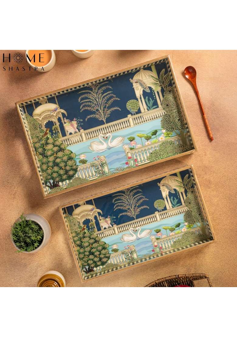 Homeshastra Swan Wooden Serving Tray with Gold Engraving Size 16 X 10 Inch and 14 X 8 Inch Set of 2 - Indya