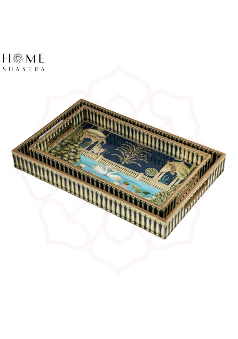 Homeshastra Swan Wooden Serving Tray with Gold Engraving Size 16 X 10 Inch and 14 X 8 Inch Set of 2 - Indya