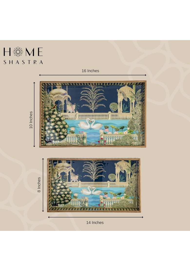 Homeshastra Swan Wooden Serving Tray with Gold Engraving Size 16 X 10 Inch and 14 X 8 Inch Set of 2 - Indya