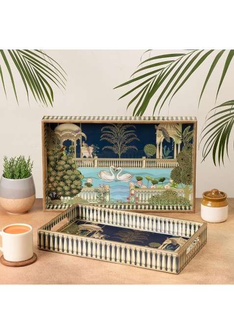 Homeshastra Swan Wooden Serving Tray with Gold Engraving Size 16 X 10 Inch and 14 X 8 Inch Set of 2