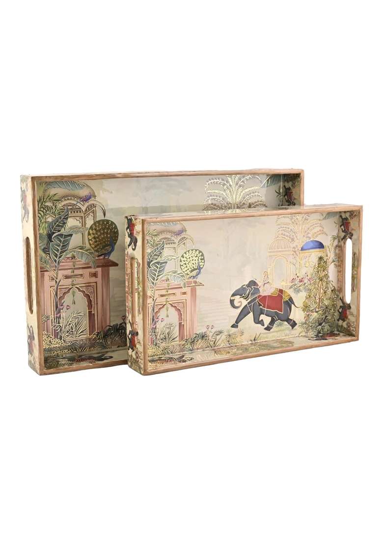 Homeshastra Wooden Serving Tray with Gold Engraving Size Set of 2 - Indya