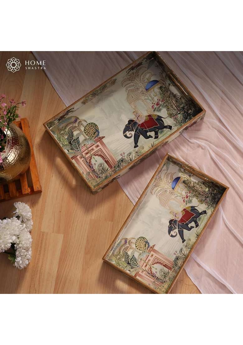 Homeshastra Wooden Serving Tray with Gold Engraving Size Set of 2 - Indya
