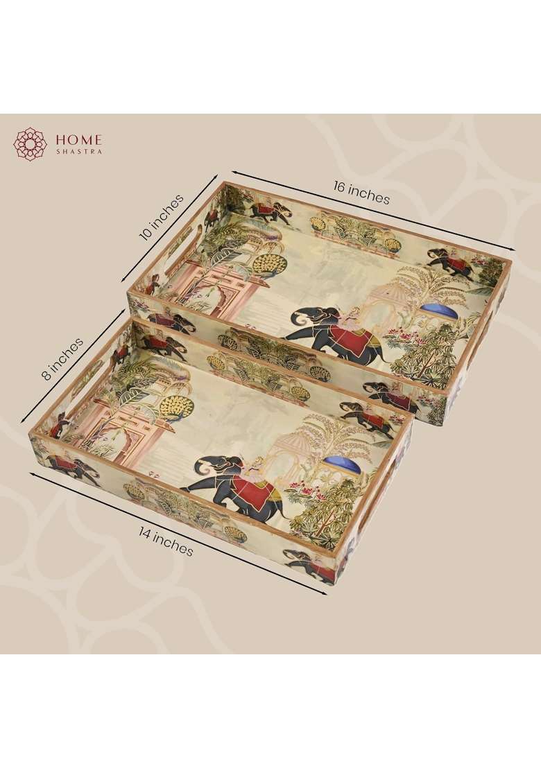 Homeshastra Wooden Serving Tray with Gold Engraving Size Set of 2 - Indya