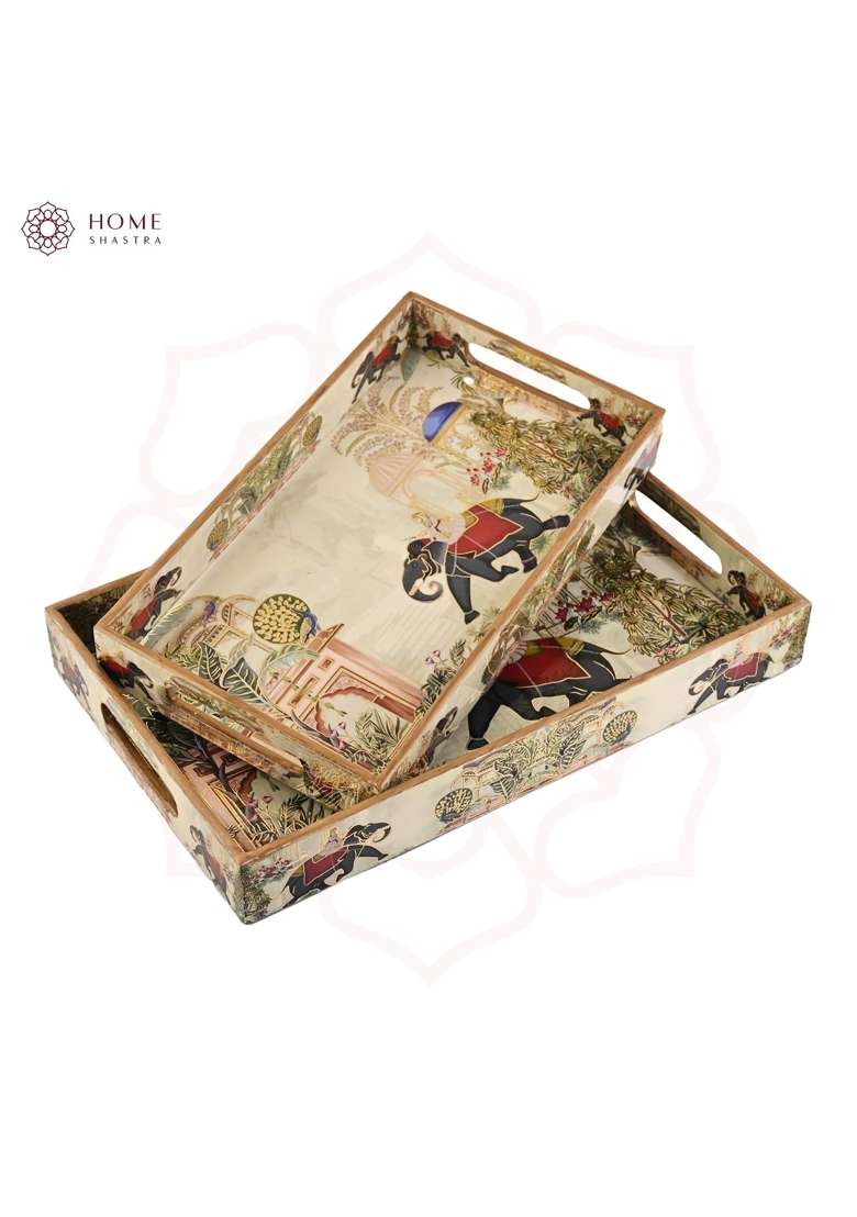 Homeshastra Wooden Serving Tray with Gold Engraving Size Set of 2 - Indya