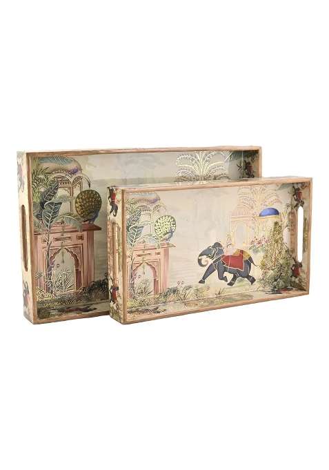 Homeshastra Wooden Serving Tray with Gold Engraving Size Set of 2