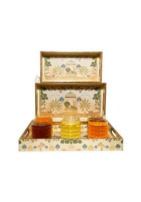 Dreams N Decor Wooden Serving Tray with Gold Engraving Size 16 X 10 Inch 14 X 8 Inch and 12 X 6 Inch Set of 3