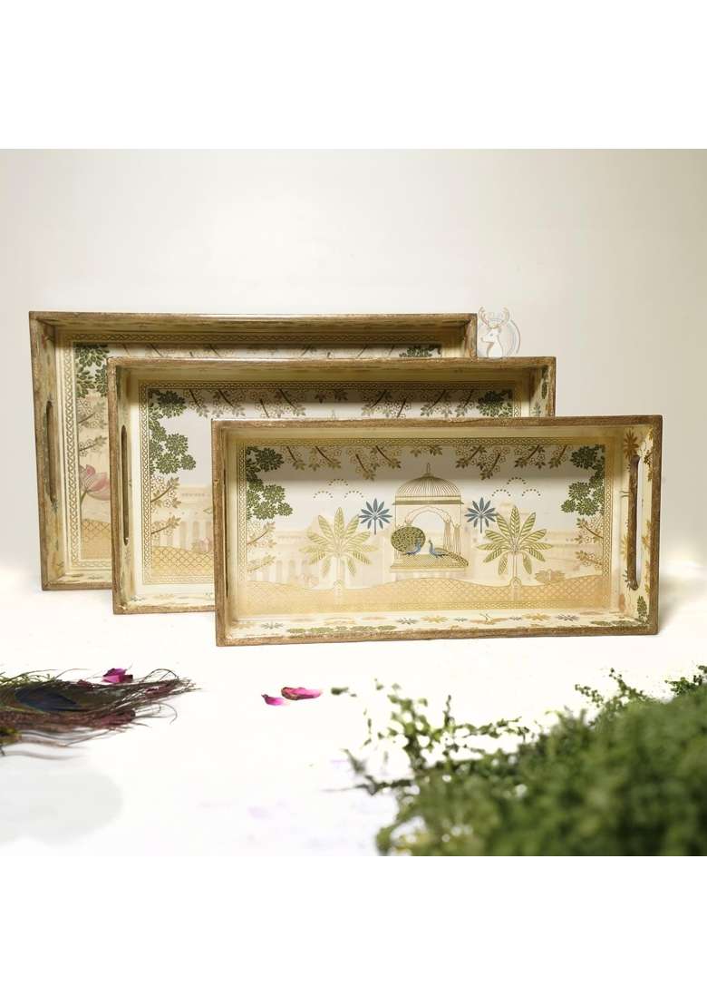 Dreams N Decor Wooden Serving Tray with Gold Engraving Size 16 X 10 Inch 14 X 8 Inch and 12 X 6 Inch Set of 3 - Indya