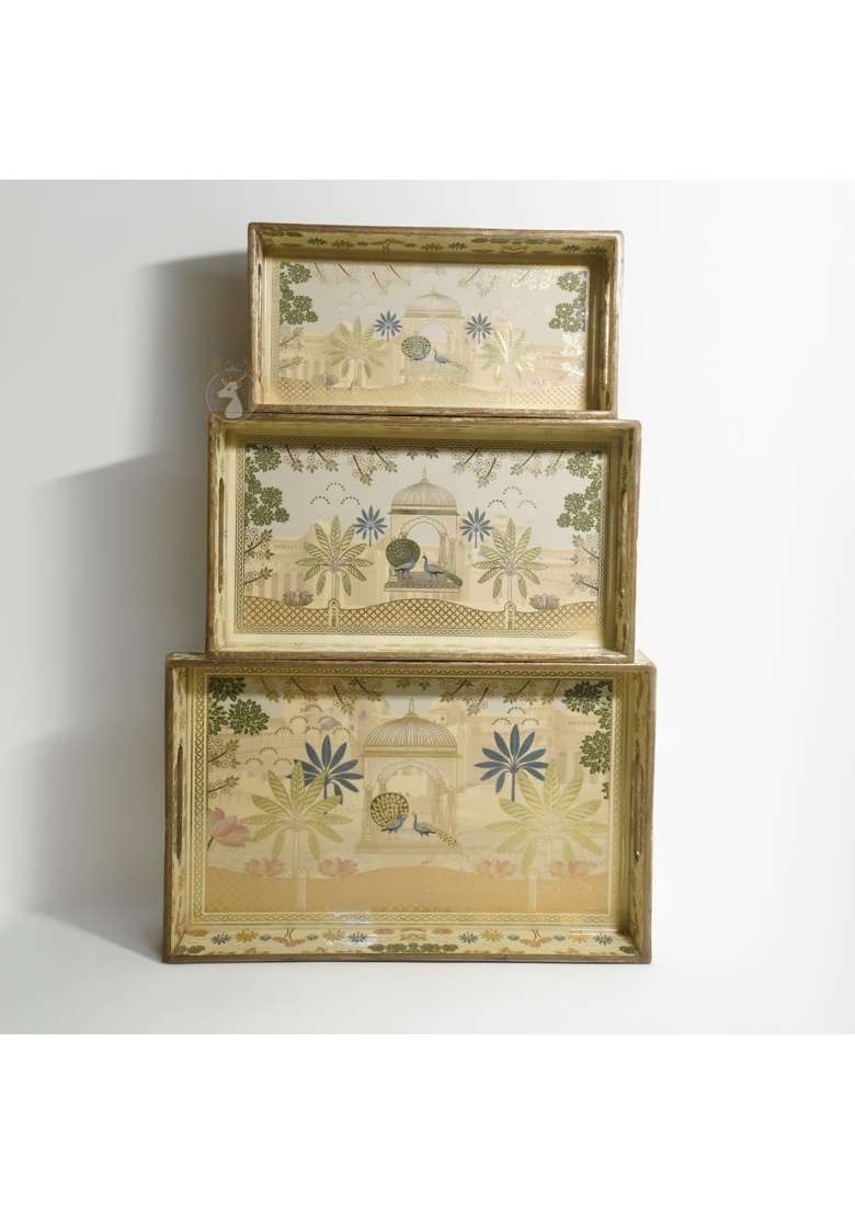 Dreams N Decor Wooden Serving Tray with Gold Engraving Size 16 X 10 Inch 14 X 8 Inch and 12 X 6 Inch Set of 3 - Indya