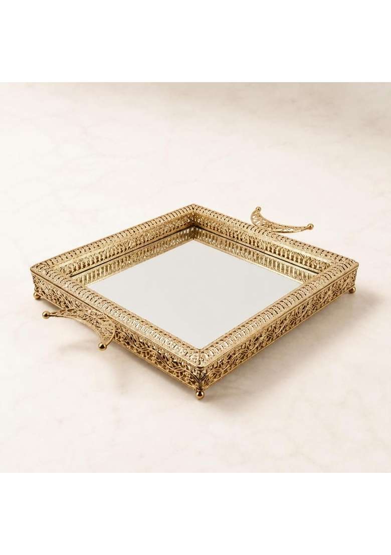 Secret Desire Ornate Tray Elegant Decorative Mirror Serving Tray Luxury Look Ornate Fruit Platter for Living - Indya