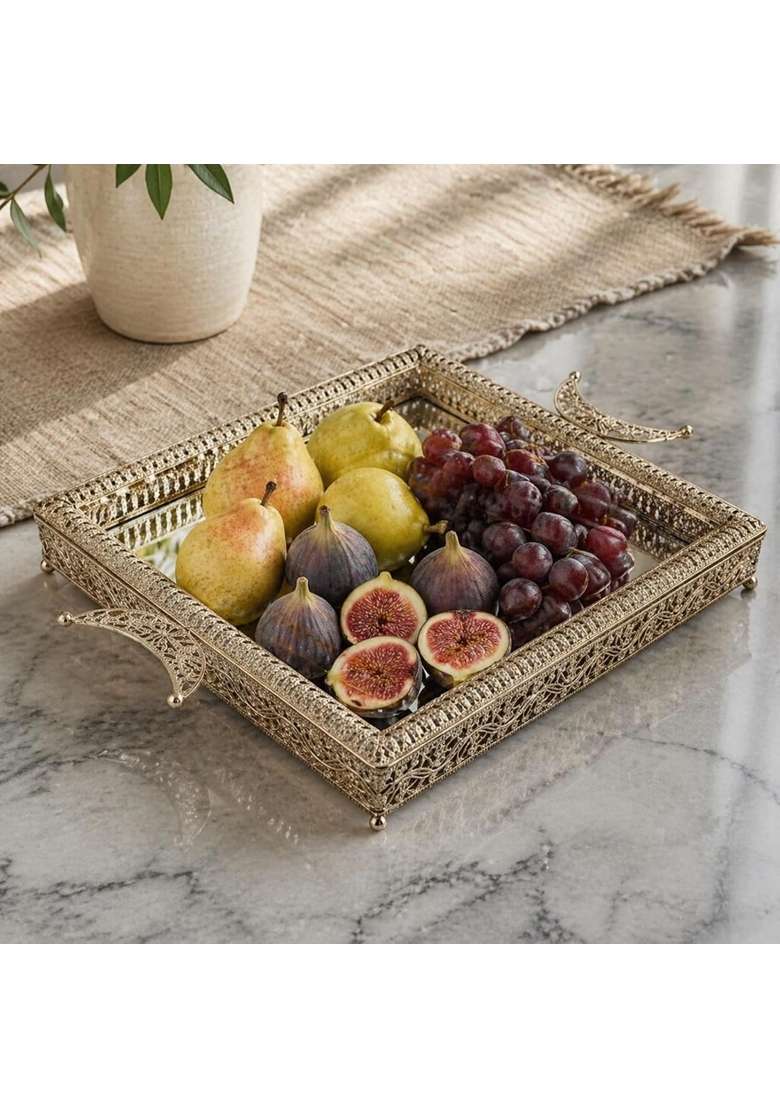 Secret Desire Ornate Tray Elegant Decorative Mirror Serving Tray Luxury Look Ornate Fruit Platter for Living - Indya