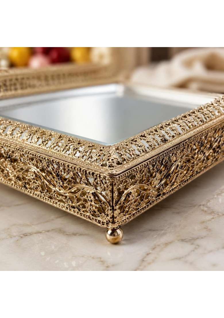 Secret Desire Ornate Tray Elegant Decorative Mirror Serving Tray Luxury Look Ornate Fruit Platter for Living - Indya