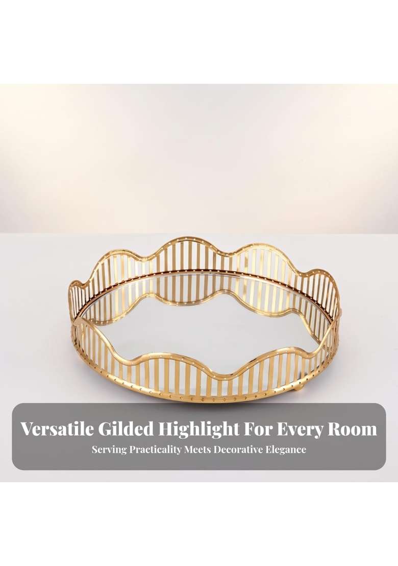 Clovrix Modern Glam Mirror Tray with Metal Frame Gold Scalloped Tray with Mirror Glass Elegant Electroplated - Indya