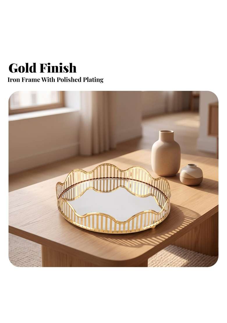 Clovrix Modern Glam Mirror Tray with Metal Frame Gold Scalloped Tray with Mirror Glass Elegant Electroplated - Indya
