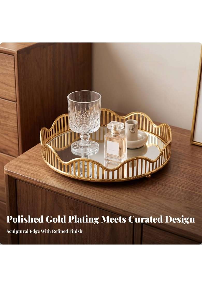 Clovrix Modern Glam Mirror Tray with Metal Frame Gold Scalloped Tray with Mirror Glass Elegant Electroplated - Indya