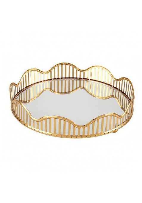 Clovrix Modern Glam Mirror Tray with Metal Frame Gold Scalloped Tray with Mirror Glass Elegant Electroplated