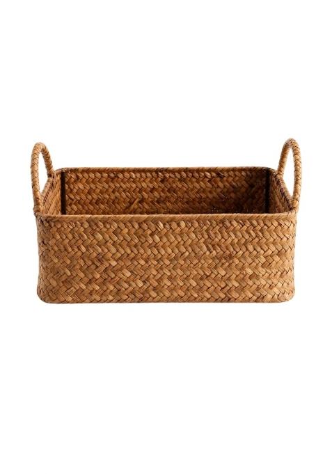Trendivibe Natural Straw Basket with Handles Handmade Rectangular Storage Tray Rustic Basket with Handles