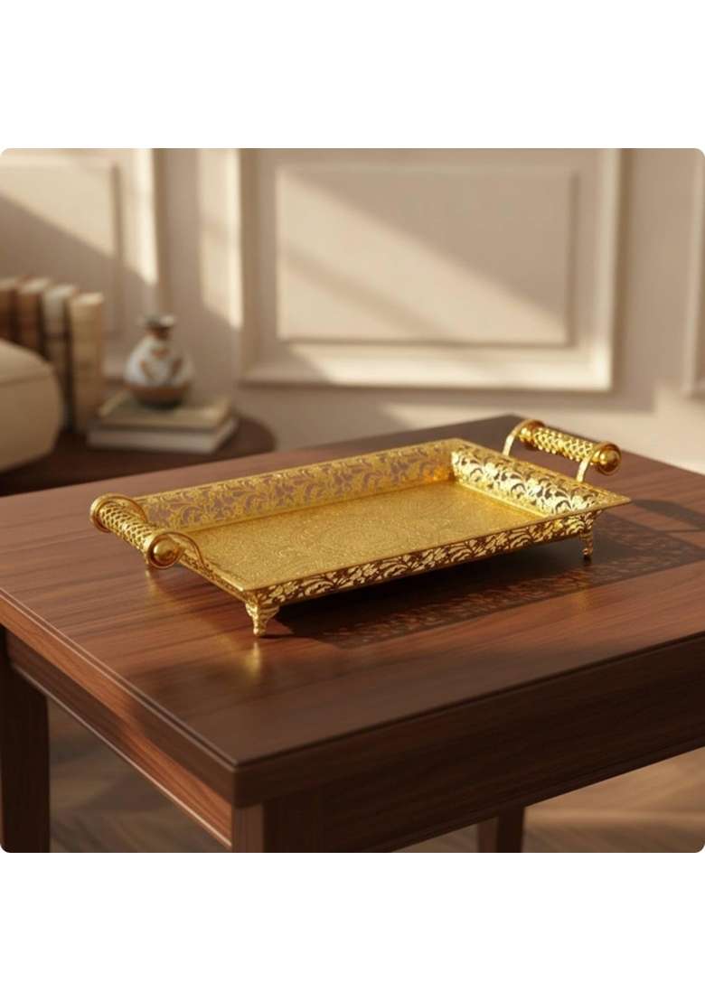 Bnf Clovrix Gold Decorative Tray with Metal Handles Rectangular Decorative Tray Ornate Platter Embossed - Indya