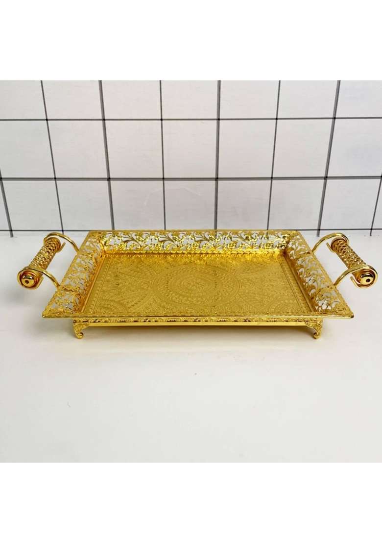 Bnf Clovrix Gold Decorative Tray with Metal Handles Rectangular Decorative Tray Ornate Platter Embossed - Indya