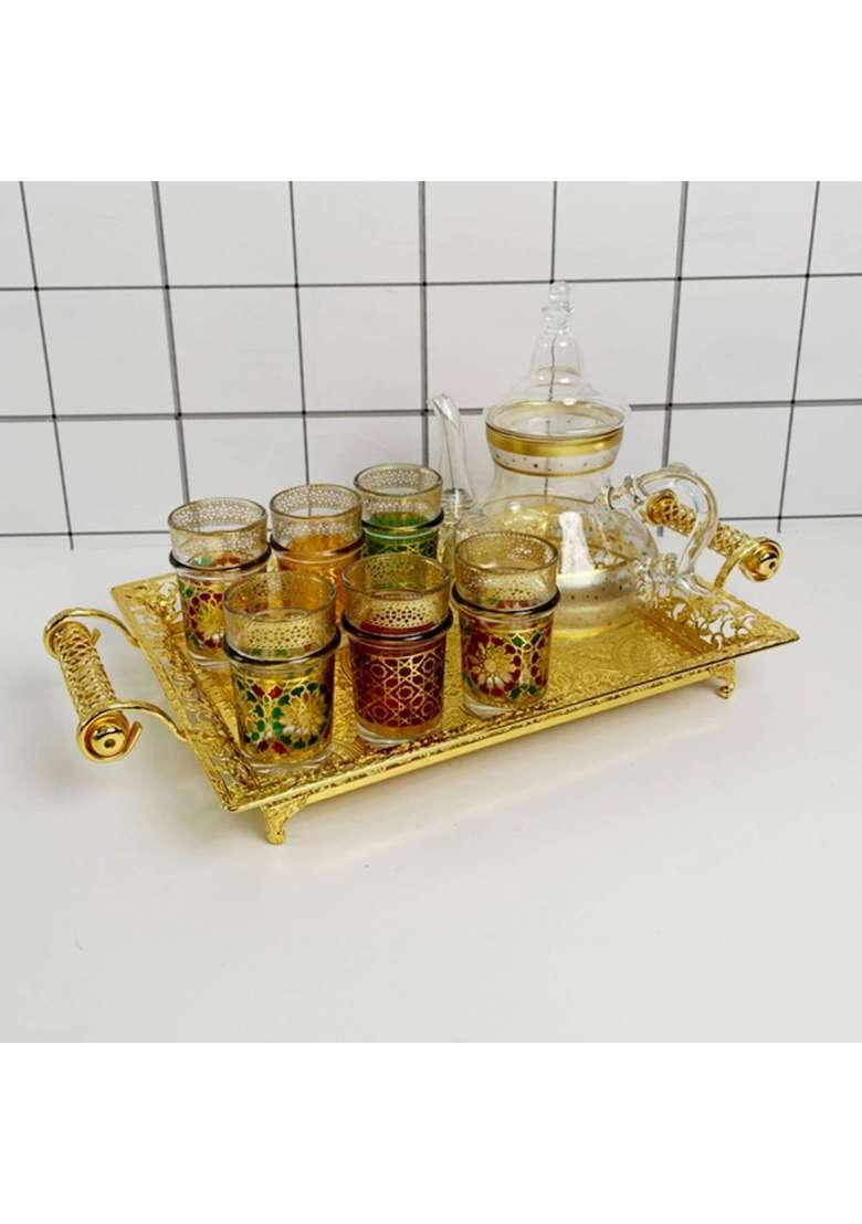 Bnf Clovrix Gold Decorative Tray with Metal Handles Rectangular Decorative Tray Ornate Platter Embossed - Indya