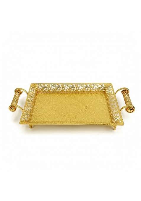 Bnf Clovrix Gold Decorative Tray with Metal Handles Rectangular Decorative Tray Ornate Platter Embossed