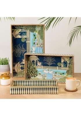 Homeshastra Swan Wooden Serving Tray with Gold Engraving Size 16 X 10 Inch Set of 3