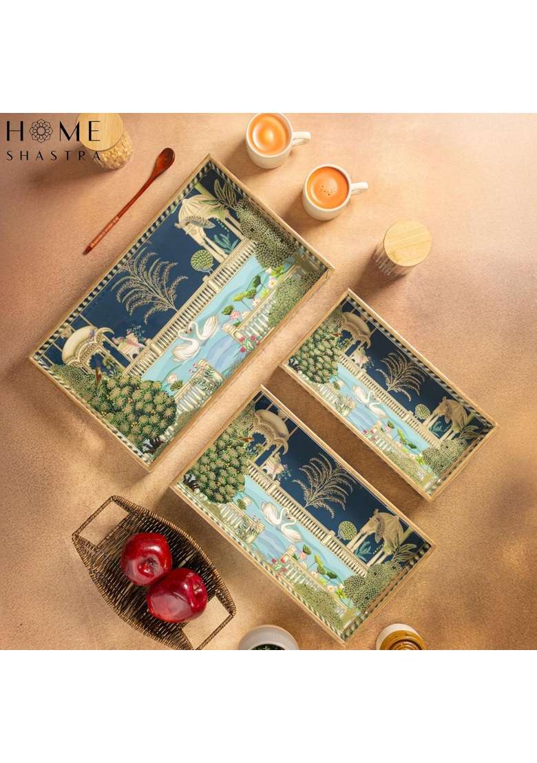 Homeshastra Swan Wooden Serving Tray with Gold Engraving Size 16 X 10 Inch Set of 3 - Indya