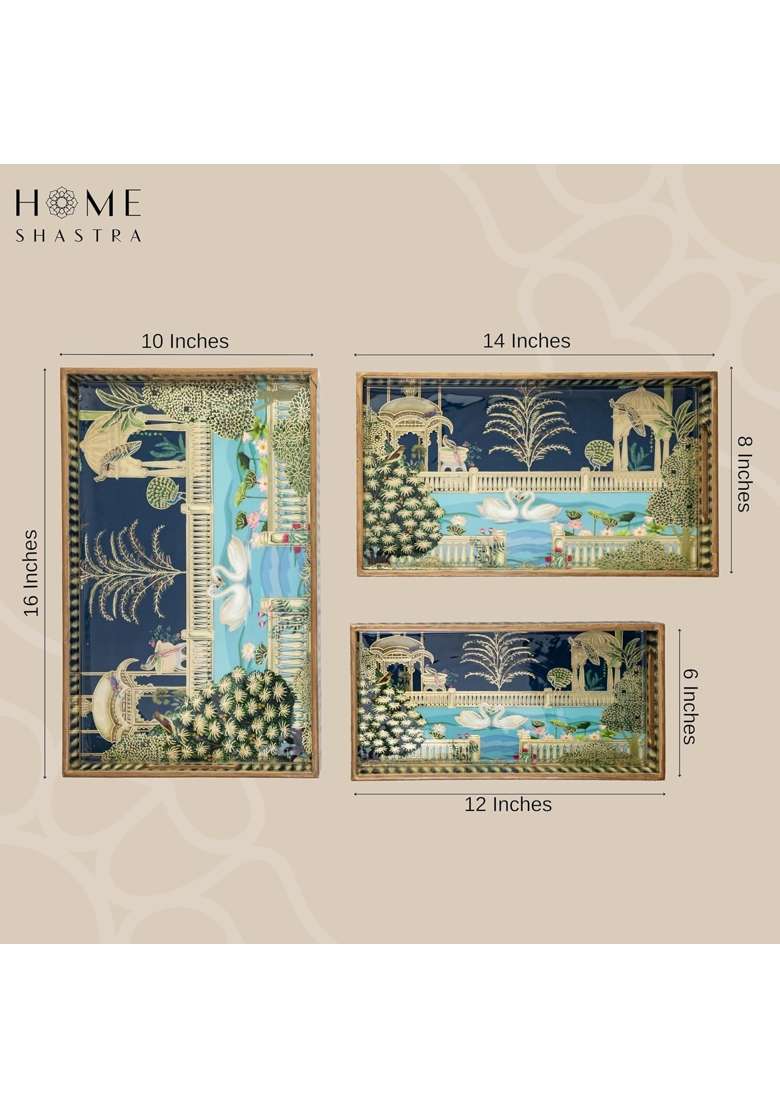 Homeshastra Swan Wooden Serving Tray with Gold Engraving Size 16 X 10 Inch Set of 3 - Indya